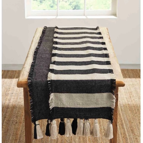 Mud Pie PONCHAA BLACK STRIPE TABLE RUNNER Brand New - Picture 2 of 8